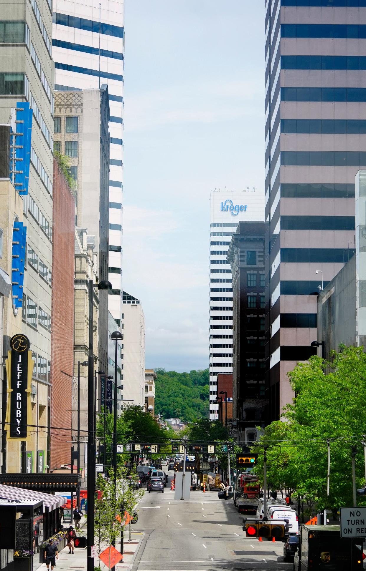 Looking down Vine Street between The Westin Hotel and Carew Tower Downtown.