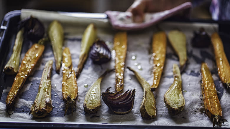 hot pan of roasted vegetables