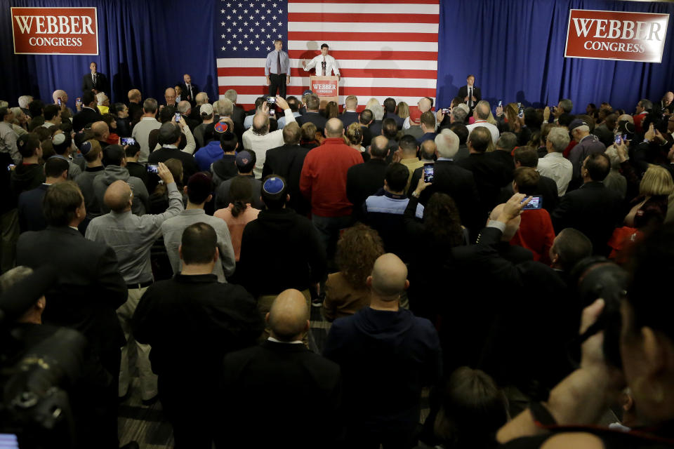 Paul Ryan, right, speaks during a campaign event for Jay Webber, left, on Wednesday, Oct. 17, 2018, in Hanover, N.J. (Photo: Julio Cortez/AP)