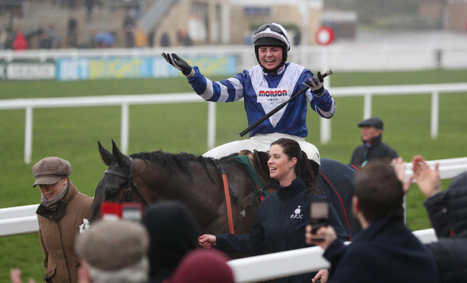 Bryony Frost celebrates her victory on Frodon at Cheltenham