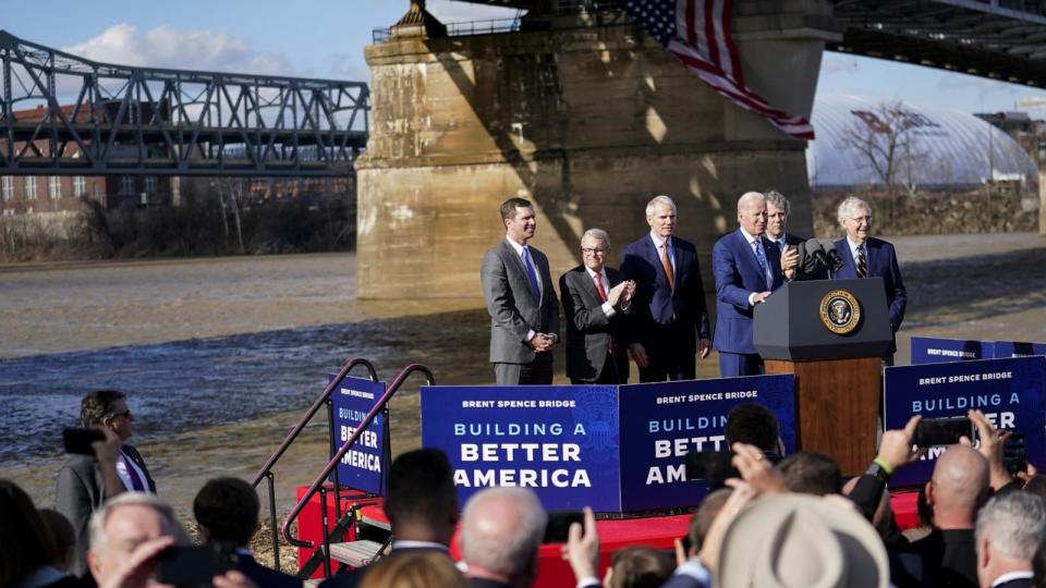 PHOTO: President Joe Biden stands with Andy Beshear, Mike DeWine, Former Senator Rob Portman, Senator Sherrod Brown, and Mitch McConnell following an event in Covington, Kentucky, Jan. 4, 2023.  (Joshua A. Bickel/Bloomberg via Getty Images)