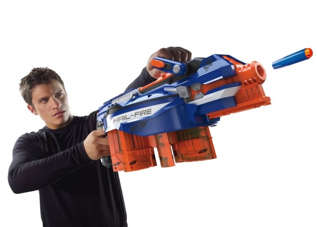 <b>Nerf Elite Hail-Fire Blaster</b> <br><br> What kind of Nerf noob goes into battle with just one ammo clip? The Hail-Fire supports up to eight, housed in a rotating magazine that'll keep you firing for, well, however long it takes you to exhaust its 144-shot maximum capacity. <br><br> <a href="http://www.amazon.com/Nerf-N-Strike-Elite-Hail-Fire-Blaster/dp/B0083TXXZ4" rel="nofollow noopener" target="_blank" data-ylk="slk:Buy at Amazon;elm:context_link;itc:0;sec:content-canvas" class="link ">Buy at Amazon</a>