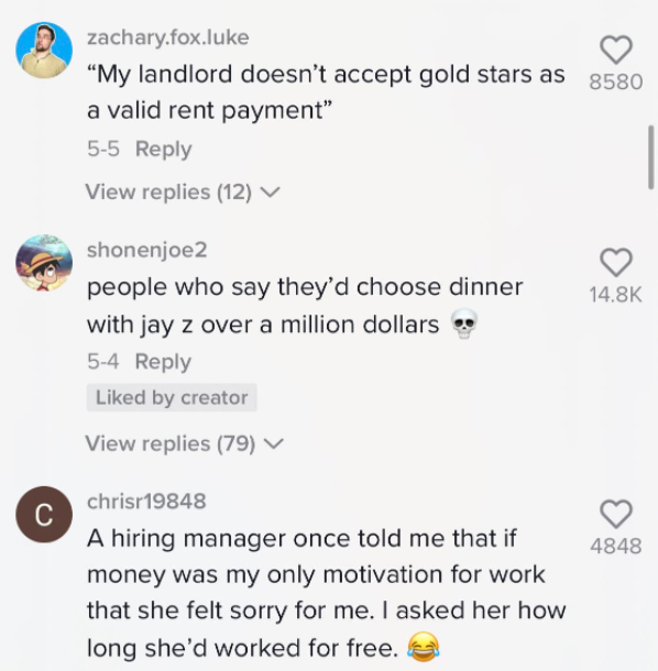 Comments that mock the hiring manager: One said "My landlord doesn't accept gold stars as a valid rent payment"