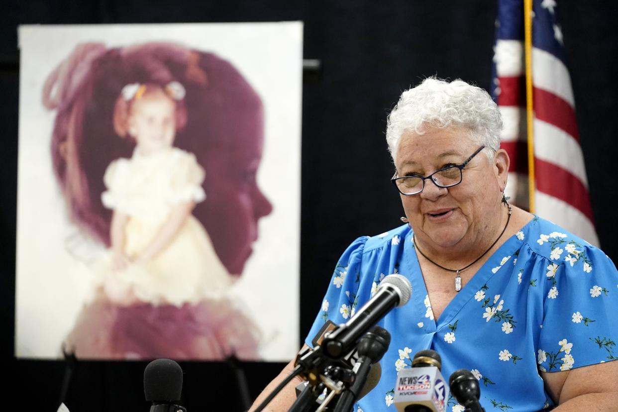 Debbie Carlson, mother of murder victim 8-year-old Vicki Lynne Hoskinson, speaks about her daughter at a news conference after Frank Atwood was put to death by lethal injection at the Arizona state prison, Wednesday, June 8, 2022, in Florence, Ariz. (AP)