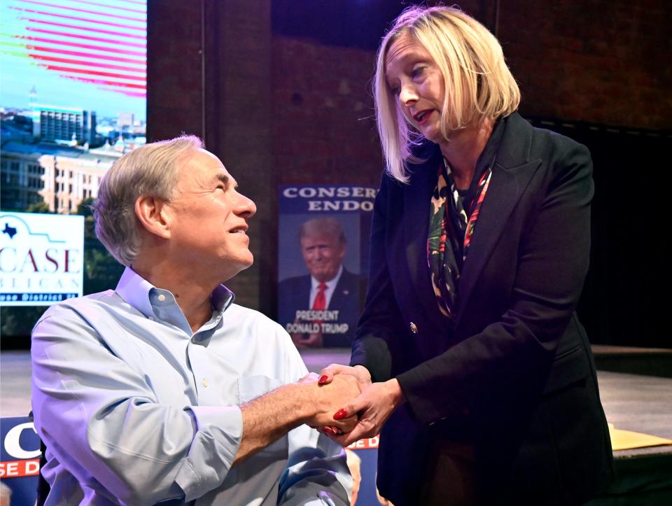 District 71 candidate Liz Smith thanks Texas Governor Greg Abbott after appearing for her at a rally in Abilene Tuesday. Abbott has come out for the March 5 Republican Primary against incumbent Rep. Stan Lambert who opposed the governor’s voucher initiative in the last legislative session.