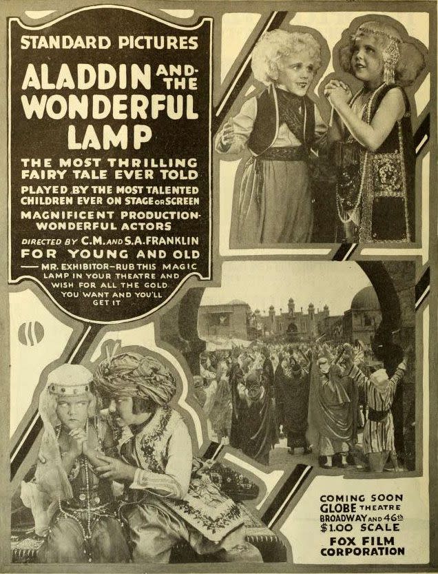 <h3>1. 阿拉丁與神燈(Aladdin and the Wonderful Lamp) 1917</h3><p>這部1917年的黑白默片，由<a href="https://en.wikipedia.org/wiki/Chester_Franklin" rel="nofollow noopener" target="_blank" data-ylk="slk:Chester;elm:context_link;itc:0;sec:content-canvas" class="link ">Chester</a> 及 <a href="https://en.wikipedia.org/wiki/Sidney_Franklin_(director)" rel="nofollow noopener" target="_blank" data-ylk="slk:Sidney Franklin;elm:context_link;itc:0;sec:content-canvas" class="link ">Sidney Franklin</a>導演。這是阿拉丁與神燈故事第一次由真人演出的電影，之前都是動畫影片，不過這部充滿異國情調的電影，卻全部由童星演出，可能《天方夜譚》一直被視為兒童讀物，由兒童來演出這些角色，似乎也沒什麼不妥。<br><br><br><br></p><cite>Public Domain</cite>