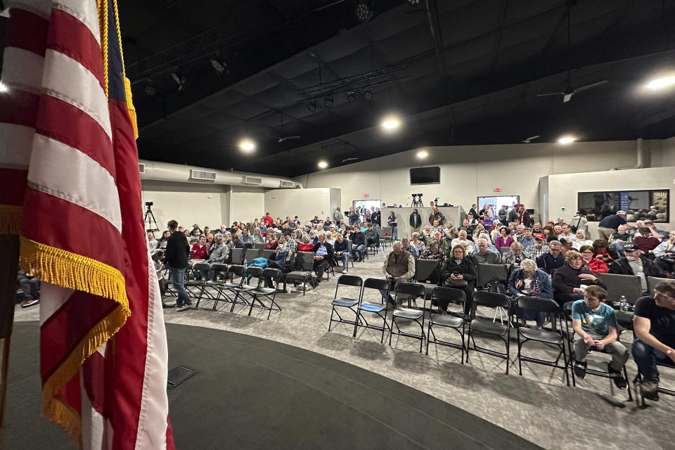 https:/// Missouri voters gather Saturday, March 2, 2024, at the Family Worship Center of Columbia, Mo., to caucus for the Republican presidential nominee. (AP Photo/Summer Ballentine)