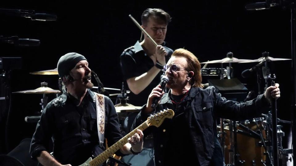 U2 (The Edge, Larry Mullen Jr. and Bono performs at the Gocheok Sky Dome (Getty Images)