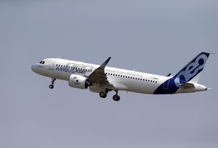 The Airbus A320neo (New Engine Option) takes off during its first flight event in Colomiers near Toulouse, southwestern France, September 25, 2014. REUTERS/Regis Duvignau