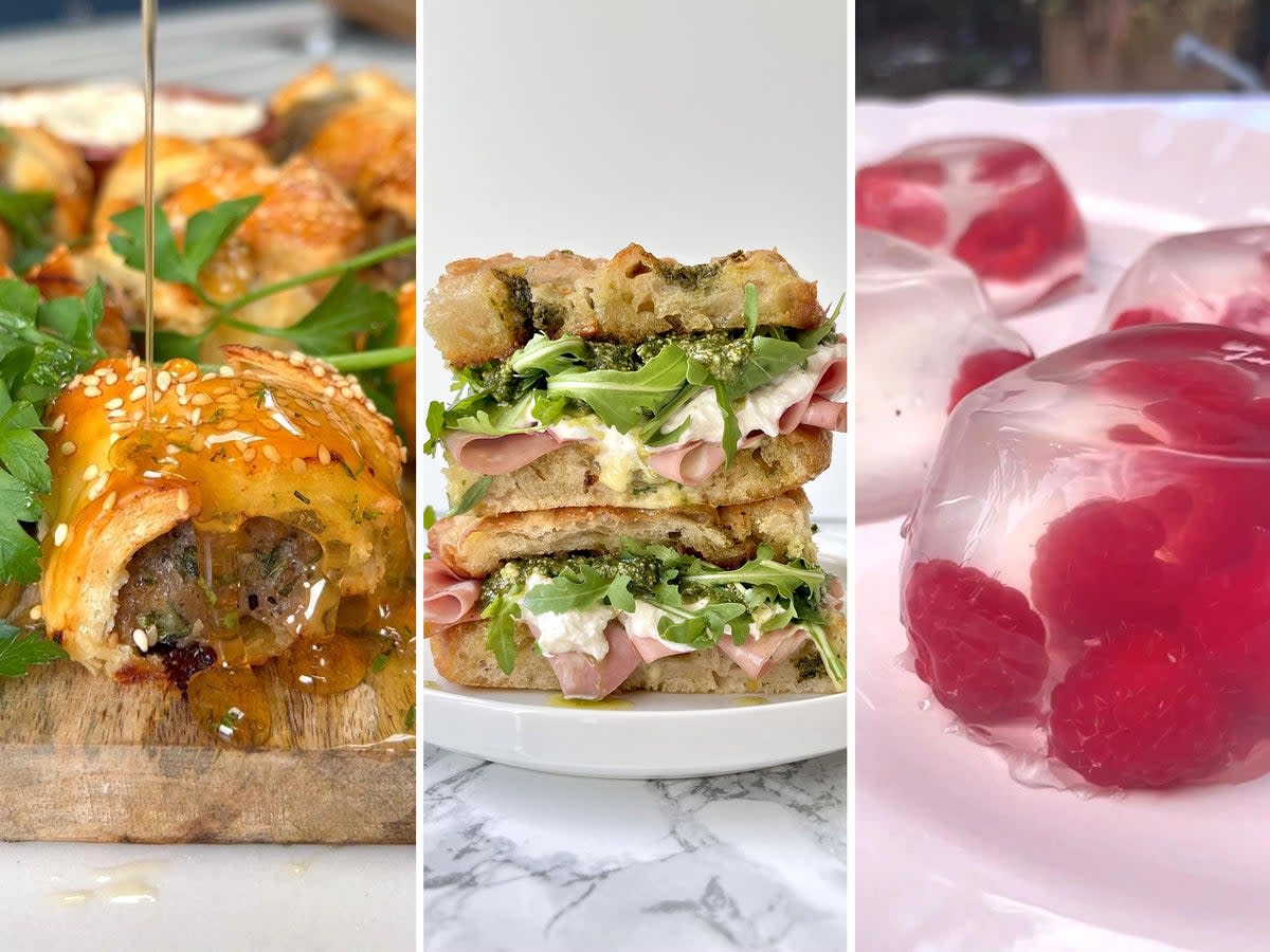 From left: honey and mustard sausage rolls; mortadella, pesto, burrata focaccia sandwich with garlic confit aioli; and elderflower and raspberry jellies  (Margie Nomura)