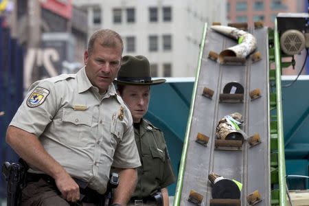 A U.S. Fish and Wildlife officer (L) and a New York State Department of Environmental Conservation officer place pieces of confiscated Ivory on to a belt to be crushed in New York's Times Square June 19, 2015. REUTERS/Brendan McDermid