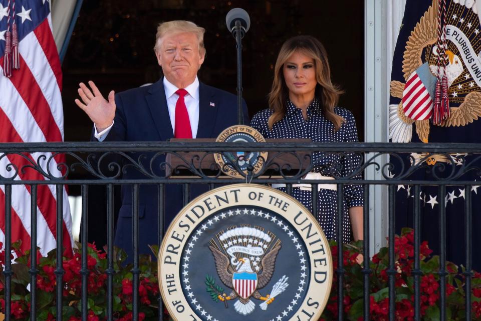 For a congressional picnic at the White House, Melania Trump seemingly sought inspiration from Buckingham Palace in polka dots by the Duchess of Sussex's go-to designer Gabriela Hearst. [Photo: Getty]