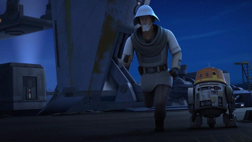 The white-bearded Governor Azadi on Star Wars Rebels in a hat running at night by ships with Chopper
