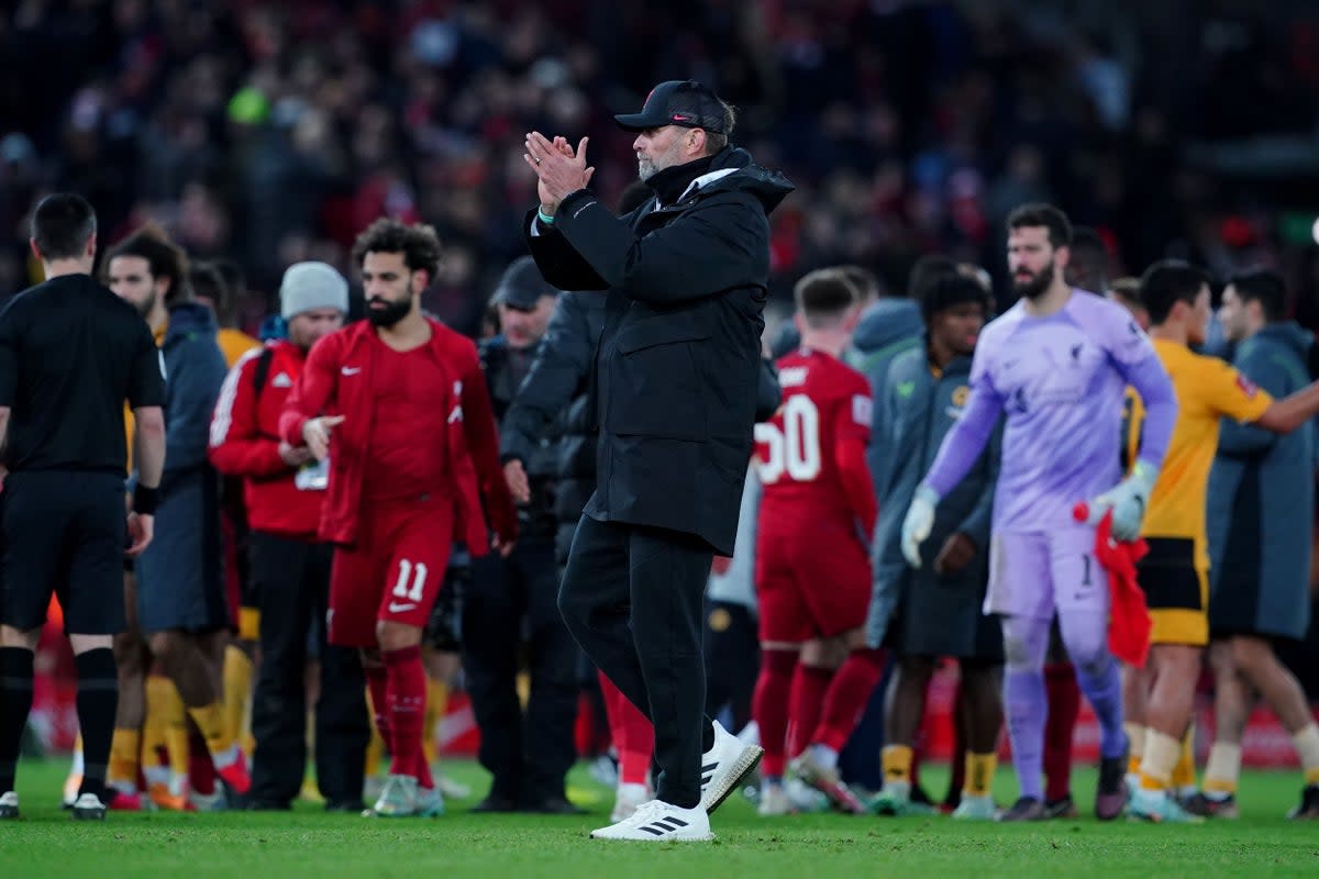 Liverpool manager Jurgen Klopp applauds the fans (Peter Byrne/PA) (PA Wire)