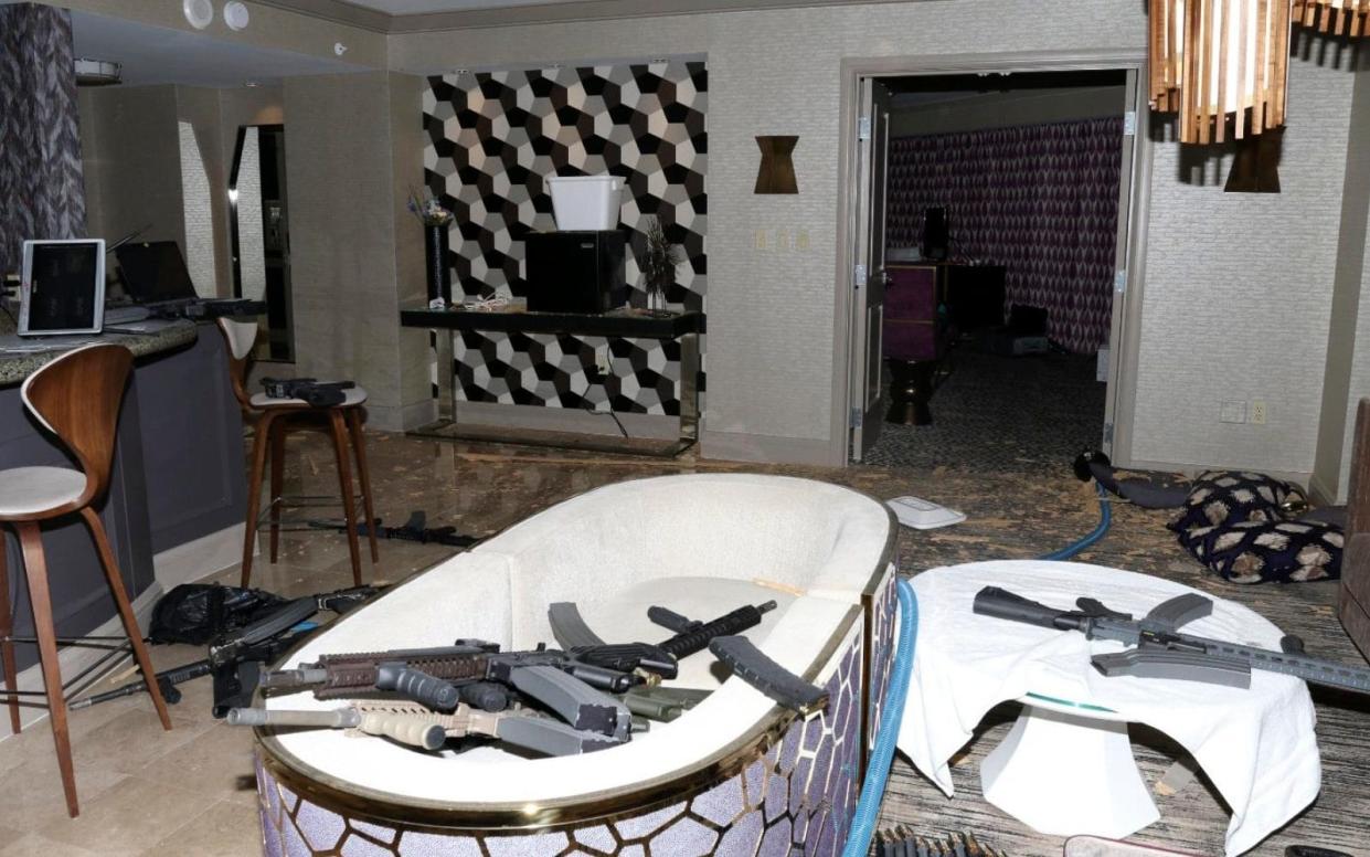 A newly released photograph shows the interior of Las Vegas shooter Stephen Paddock's 32nd floor room of the Mandalay Bay hotel, an evidence imaged released as part of a preliminary report by Clark County Sheriff Joe Lombardo  - Las Vegas Metropolitan Police Department