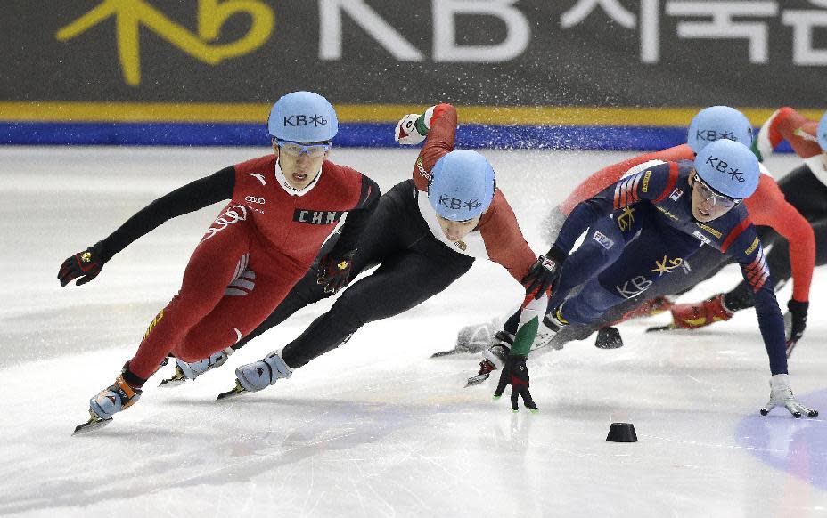 FILE - In this March 12, 2016 file photo, Han Tianyu, left, of China competes against Liu Shaoang, center, of Hungary and Park Se-yeong, right, of South Korea during the men's 1,500 meters final race at the World Cup Short Track Speed Skating competition in Seoul, South Korea on his way to winning the race. With the Winter Olympics just a year away, the Asian Winter Games will be the ideal stage for the continent’s leading winter athletes to fine tune for Pyeongchang 2018. The eighth Asian Winter Games will open in Sapporo on Sunday, Feb. 19 and run through Feb. 26, with more than 2,000 athletes from 31 countries competing in five sports, 11 disciplines and 64 events. Chinese short track speed skaters, who captured six gold medals at the last two Winter Olympics, will be strong medal contenders in Sapporo. Among them is Han Tianyu, who won the men's 1,500 meters at the 2016 world championships. (AP Photo/Ahn Young-joon, File)