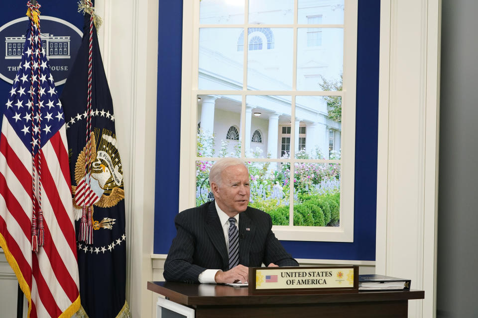 President Joe Biden participates virtually in the U.S.-ASEAN Summit from the South Court Auditorium on the White House complex in Washington, Tuesday, Oct. 26, 2021. It is the first time the United States has participated in the 10-member Association of Southeast Asian Nations since 2017, when President Donald Trump participated in the summit. (AP Photo/Susan Walsh)