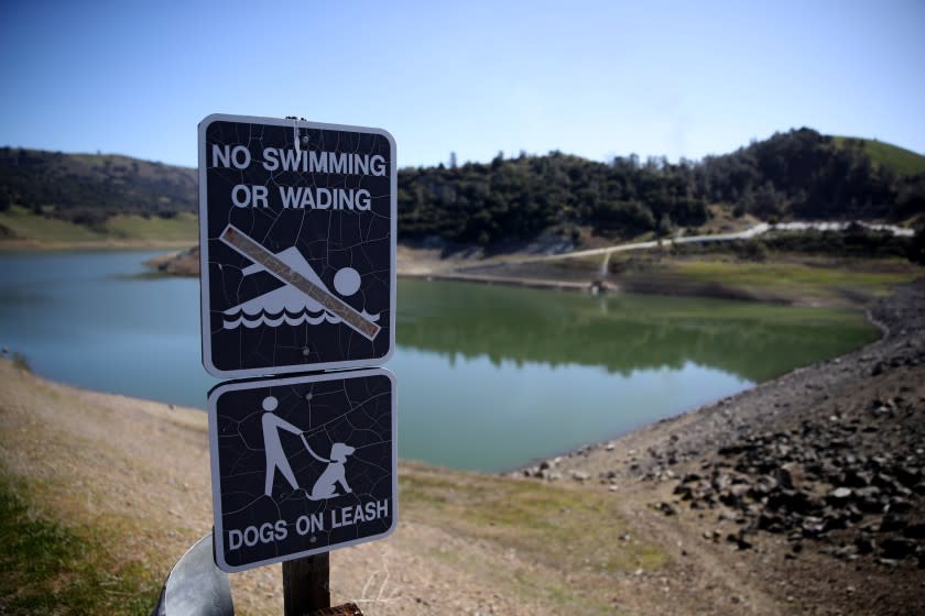MORGAN HILL, CALIFORNIA - FEBRUARY 25: A no swimming sign is posted at Anderson Reservoir on February 25, 2020 in Morgan Hill, California. The Santa Clara County Water District is moving forward with plans to drain the Anderson Reservoir due to a high risk to the public in the event of a significant earthquake. The Anderson Reservoir is the largest in Santa Clara County and along sits the Calaveras Fault. (Photo by Justin Sullivan/Getty Images)