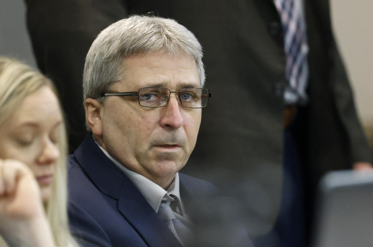 FILE - William "Roddie" Bryan listens to opening statements in the trial of Greg McMichael and his son, Travis McMichael, and Bryan at the Glynn County Courthouse, Friday, Nov. 5, 2021, in Brunswick, Ga. William “Roddie” Bryan, who recorded the cellphone video that showed the killing of Ahmaud Arbery and sparked outrage when it surfaced two months later, was convicted of murder Wednesday, Nov. 24. (Octavio Jones/Pool Photo via AP, File)