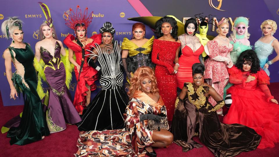 Members of the cast of RuPaul's Drag Race arriving at the 76th Primetime Emmy Awards at the Peacock Theater on Sunday, September 15, 2024