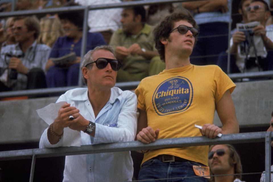 <p>Paul Newman and his son Scott at the Ontarion 500 automobile race in Ontario, California, on September 3, 1972.</p>