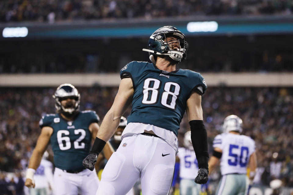 Philadelphia Eagles' Dallas Goedert celebrates after scoring a touchdown during the first half of an NFL football game against the Dallas Cowboys Sunday, Dec. 22, 2019, in Philadelphia. (AP Photo/Michael Perez)