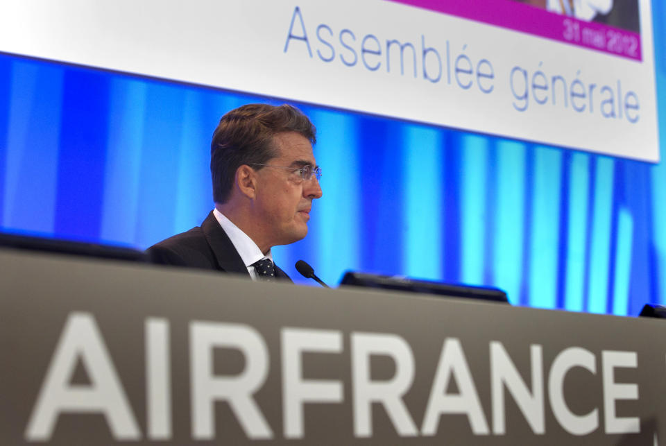 Air France chairman and chief executive, Alexandre de Juniac attends the company's Shareholders' Meeting in Paris Thursday, May 31, 2012. France's finance minister personally asked the former head of Air France-KLM to return a euro400,000 ($497,520) payout on Thursday, as the country's new Socialist government tries to rein in executive pay. Pierre Moscovici said on France Inter radio that the money, paid as compensation for a non-compete clause in the executive's contract, "doesn't go in the direction of decency." The French government, which holds a 15.9 percent stake in the Franco-Dutch carrier, will vote against the payment at a shareholder's meeting Thursday, and Air France-KLM CEO Jean-Cyril Spinetta said that the measure seemed likely to be rejected.(AP Photo/Jacques Brinon)