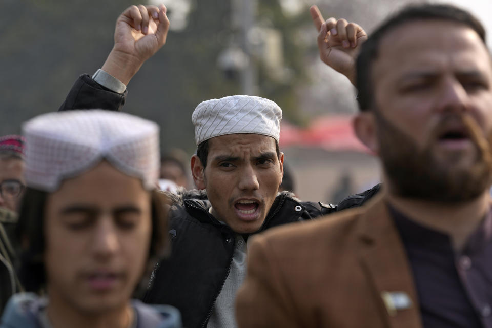 Members of Muslim Talba Mahaz Pakistan chant slogans at a demonstration to condemn Iran strike in the Pakistani border area, in Islamabad, Pakistan, Thursday, Jan. 18, 2024. Pakistan's air force launched retaliatory airstrikes early Thursday on Iran allegedly targeting militant positions, a deadly attack that further raised tensions between the neighboring nations. (AP Photo/Anjum Naveed)