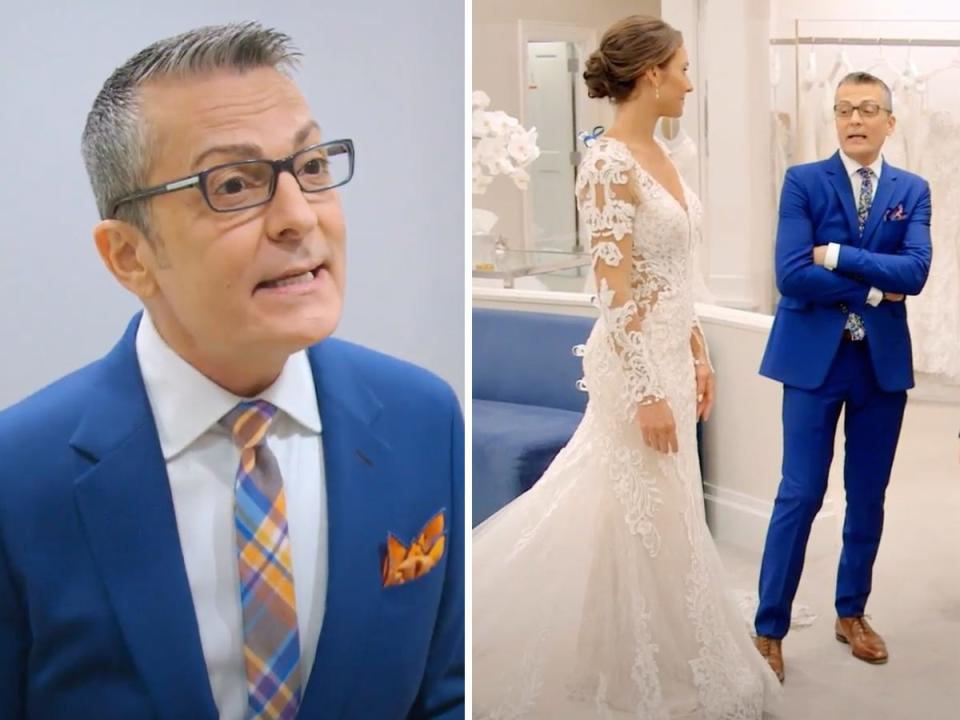 A side-by-side of Randy Fenoli looking surprised and Randy Fenoli standing next to a bride.