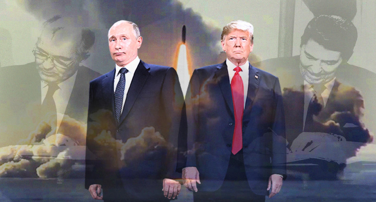 Vladimir Putin and President Trump are moving toward a new arms race 30 years after Mikhail Gorbachev and Ronald Reagan worked to end the first. At center, a Russian nuclear submarine test-fires a Bulava missile in May. (Photo illustration: Yahoo News; photos: AP (2), Universal History Archive/UIG via Getty Images, Russian Defense Ministry Press Service)
