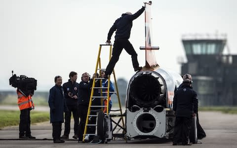 NEWQUAY, ENGLAND - OCTOBER 26: The Bloodhound supersonic car, driven by Royal Air Force Wing Commander Andy Green, is prepared for a test run at the airport on October 26, 2017 in Newquay, England. The Bloodhound supersonic car is taking part in its first high speed trials today and aims to break the current world land speed record in South Africa in 2019. (Photo by Carl Court/Getty Images) - Credit: Carl Court/Getty Images Europe