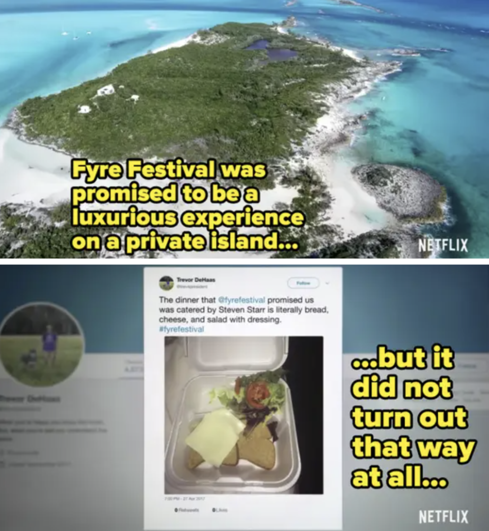 screenshot of people's lunch from the festival and an aerial shot of the island