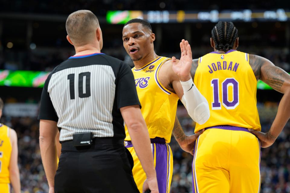 Los Angeles Lakers guard Russell Westbrook (0) in the second half of an NBA basketball game Saturday Jan. 15, 2022, in Denver. The Nuggets won 133-96. (AP Photo/David Zalubowski) ORG XMIT: OTKDZ267