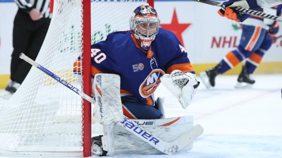 Dec 4, 2022;  Elmont, New York, USA;  New York Islanders goaltender Semyon Varlamov (40) tracks the action against the Chicago Blackhawks during the first period at UBS Arena.  Mandatory Credit: Thomas Salus-USA TODAY Sports