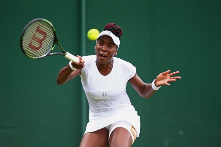 <p>Venus Williams of The United States plays a forehand during the Ladies Singles second round match against Maria Sakkari of Greece on day four of the Wimbledon Lawn Tennis Championships at the All England Lawn Tennis and Croquet Club on June 30, 2016 in London, England. (Photo by Jordan Mansfield/Getty Images)</p>