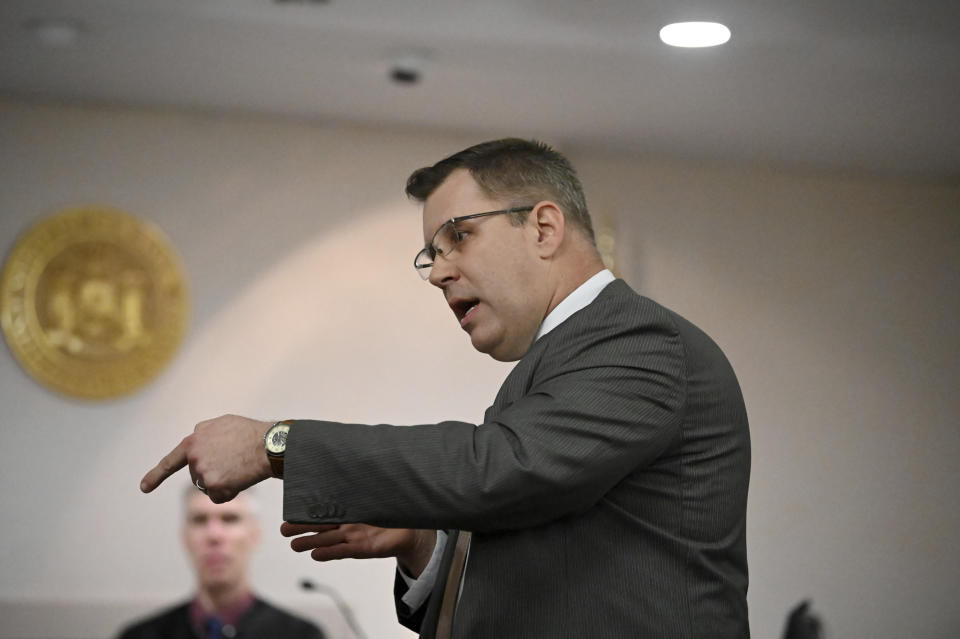 Washington County First Assistant District Attorney Christian P. Morris delivers opening statements in Kevin Monahan's murder trial, Thursday, Jan. 11, 2024, at the Washington County Courthouse in Fort Edward, N.Y. Monahan, 66, is accused of fatally shooting 20-year-old Kaylin Gillis on the night of April 15, 2023, after she and friends accidentally pulled into his driveway in rural Hebron. He is charged with second-degree murder, reckless endangerment and tampering with physical evidence. (Will Waldron/The Albany Times Union via AP, Pool)