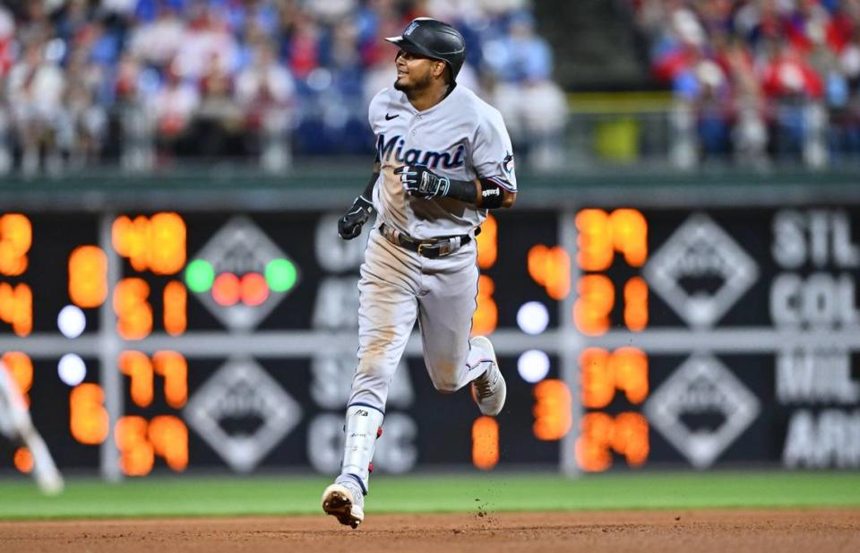 Miami Marlins second baseman Luis Arraez (3) rounds the bases after hitting a home run against the Philadelphia Phillies in the seventh inning at Citizens Bank Park on Tuesday, April 11, 2023.