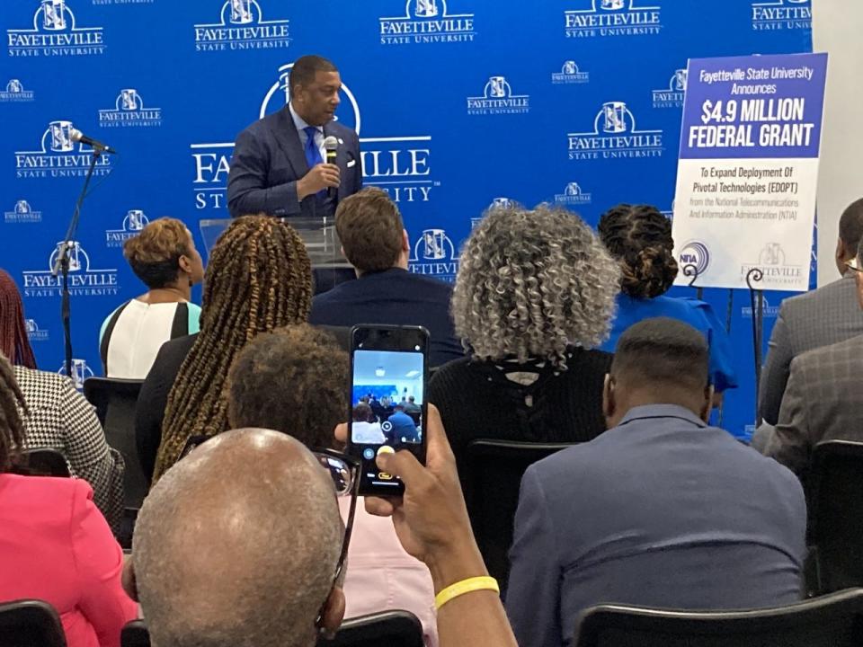 Chancellor Darrell Allison announces Friday, March 3, 2023, that Fayetteville State University is receiving a $4.9 million grant for broadband expansion in underrepresented communities and to help students and local small businesses.