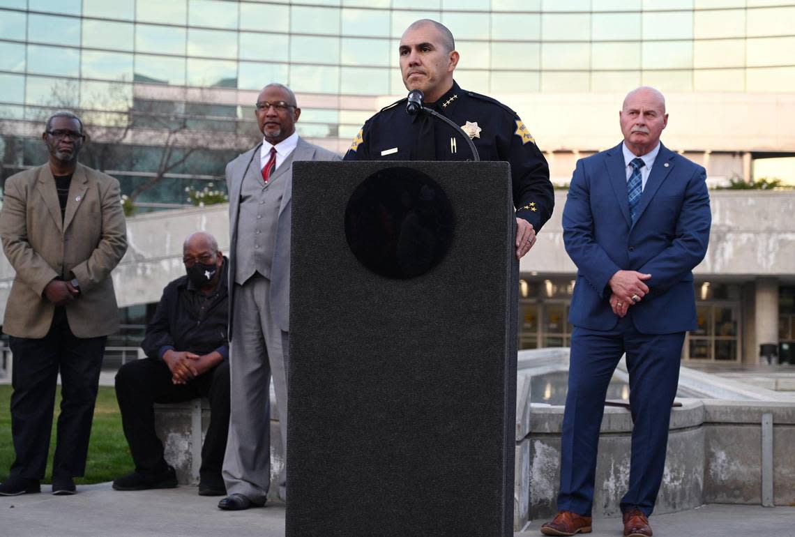 Fresno Police Chief Paco Balderrama pauses as he takes questions at a press conference Friday Jan. 27, 2023 outside Fresno City Hall. Local clergy, city officials and law enforcement addressed the release of Memphis police video of the arrest of Tyre Nichols earlier this month. Affirming commitment to liberty, justice and peace for everyone in the city, officials urged restraint and peace.