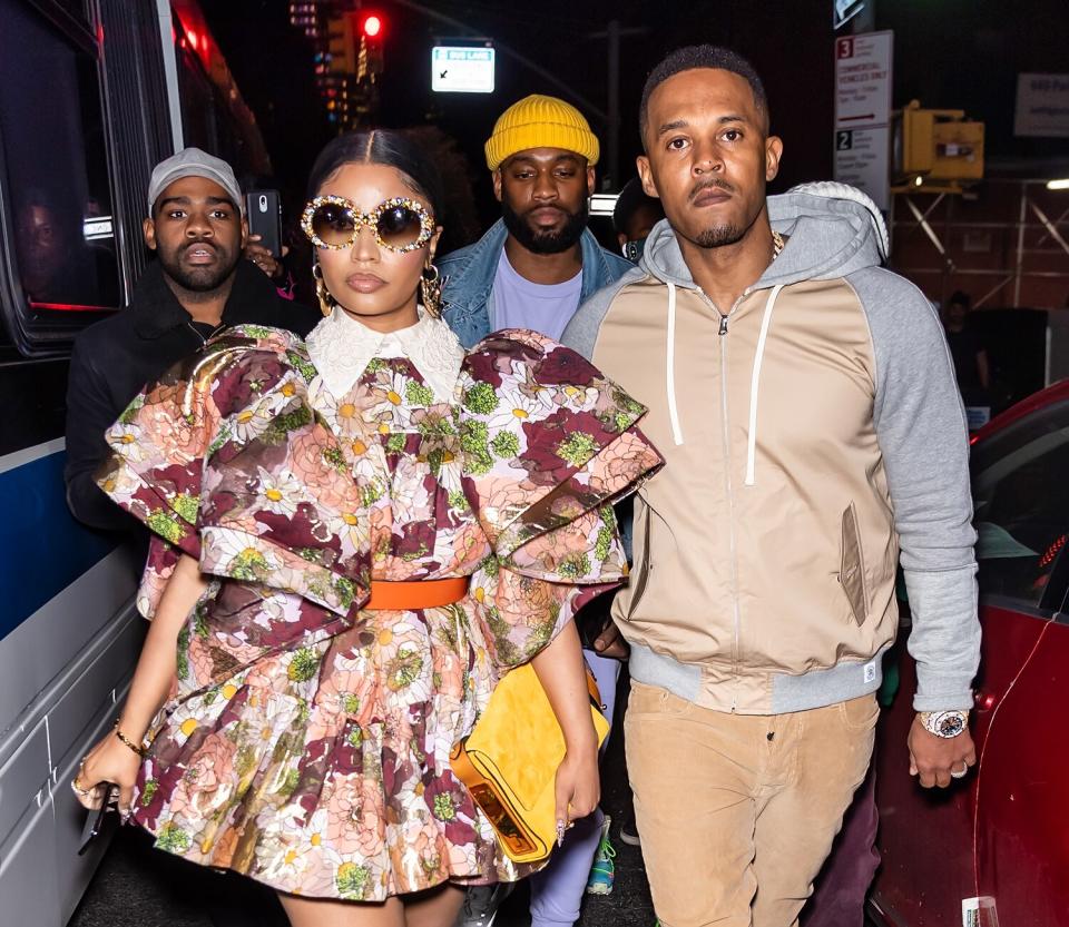 Kenneth Petty and Rapper Nicki Minaj are seen leaving the Marc Jacobs Fall 2020 runway show during New York Fashion Week on February 12, 2020 in New York City.