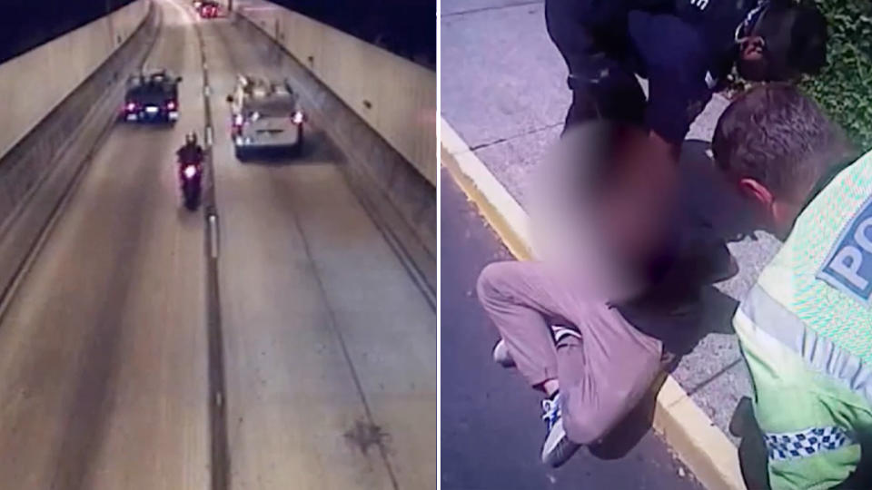 Pictured left is footage of the man in a tunnel. Pictured right is the man during his arrest. Source: Queensland police