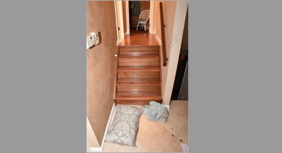 Another view of the staircase inside the Tecumseh home of Derek Teskey's mother, where Teskey fought with OPP officers before he was fatally shot on June 14, 2019.