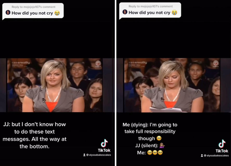 Two screenshots of Alyssa Barmonde's TikTok showing her younger self on Judge Judy