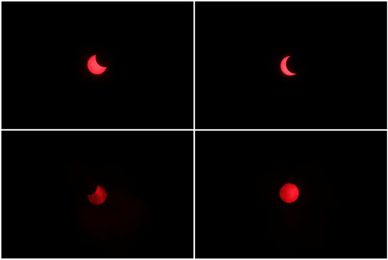 A combination picture shows a partial annular solar eclipse observed with the use of a solar filter in Siak