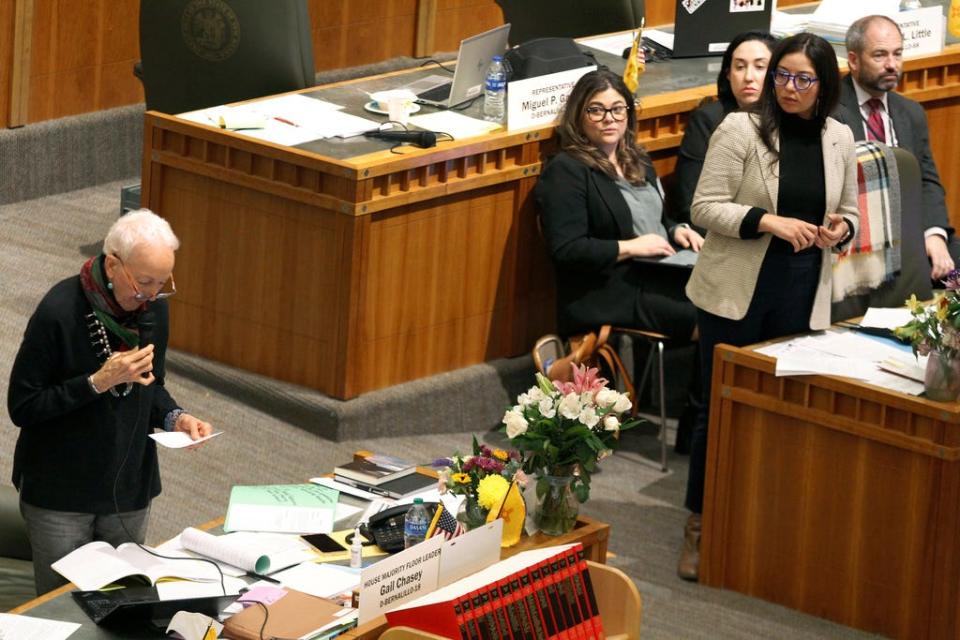 Democratic state Rep. Gail Chasey, left, of Albuquerque,  leads an hourslong debate about an abortion bill on the House floor on Friday, March 17, 2023, in Santa Fe, N.M. The House secured final passage of the bill that aims to protect abortion providers and patients from out-of-state interference, prosecution or extradition attempts on a 38-30 vote of the House.