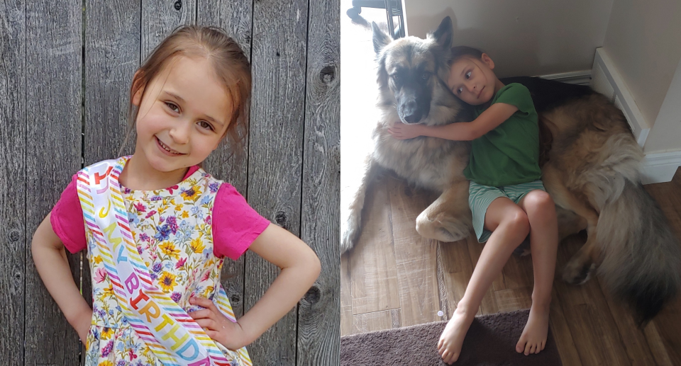 split screen of little girl, 5-year-old girl from Kitchener ontario Quintessence Henderson, who died of pneumonia and a Strep A infection (iGAS) posing against fence and laying on ground with pet