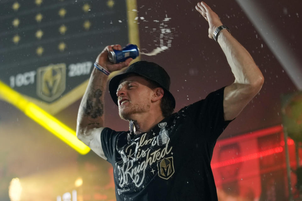 Vegas Golden Knights center Jack Eichel celebrates during a rally after a parade along the Las Vegas Strip for the NHL hockey champions Saturday, June 17, 2023, in Las Vegas. (AP Photo/John Locher)