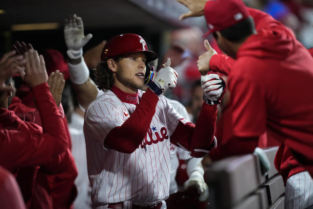 Alec Bohm of the Philadelphia Phillies celebrates with Brandon