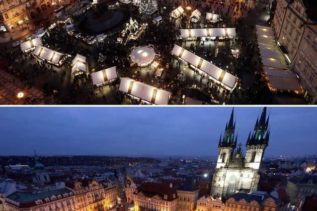 <p>Le marché de Noël de la place de la Vieille-Ville de Prague (République Tchèque), avant la pandémie puis en novembre 2020.</p>