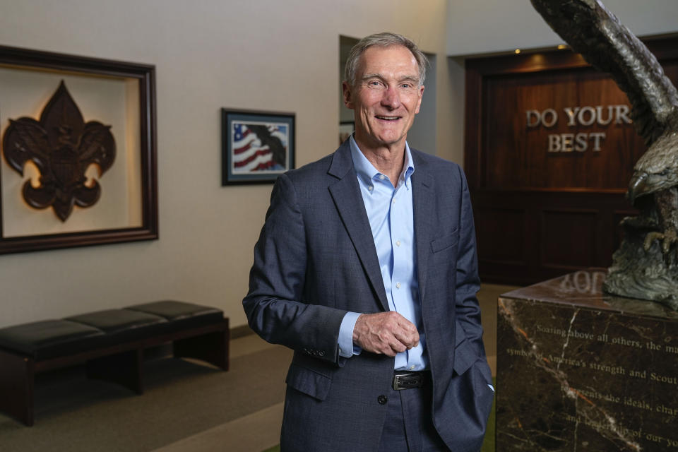 Roger Krone, president and chief executive officer of the Boy Scouts of America, poses at the organizations headquarters in Irving, Texas, Monday, April 29, 2024. The Boy Scouts of America is changing its name for the first time in its 114-year history and will become Scouting America. It's a significant shift as the organization emerges from bankruptcy following a flood of sexual abuse claims and seeks to focus on inclusion. (AP Photo/Tony Gutierrez)